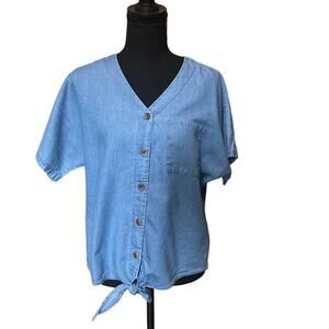 Time and Tru  (S)Clasic Chambray Tie Front Button Up V neck Blouse Loose fittig